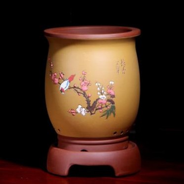 宜興紫砂花盆粉漿點彩圓口蘭花多肉老樁陶瓷花盆帶托盤君子蘭花盆